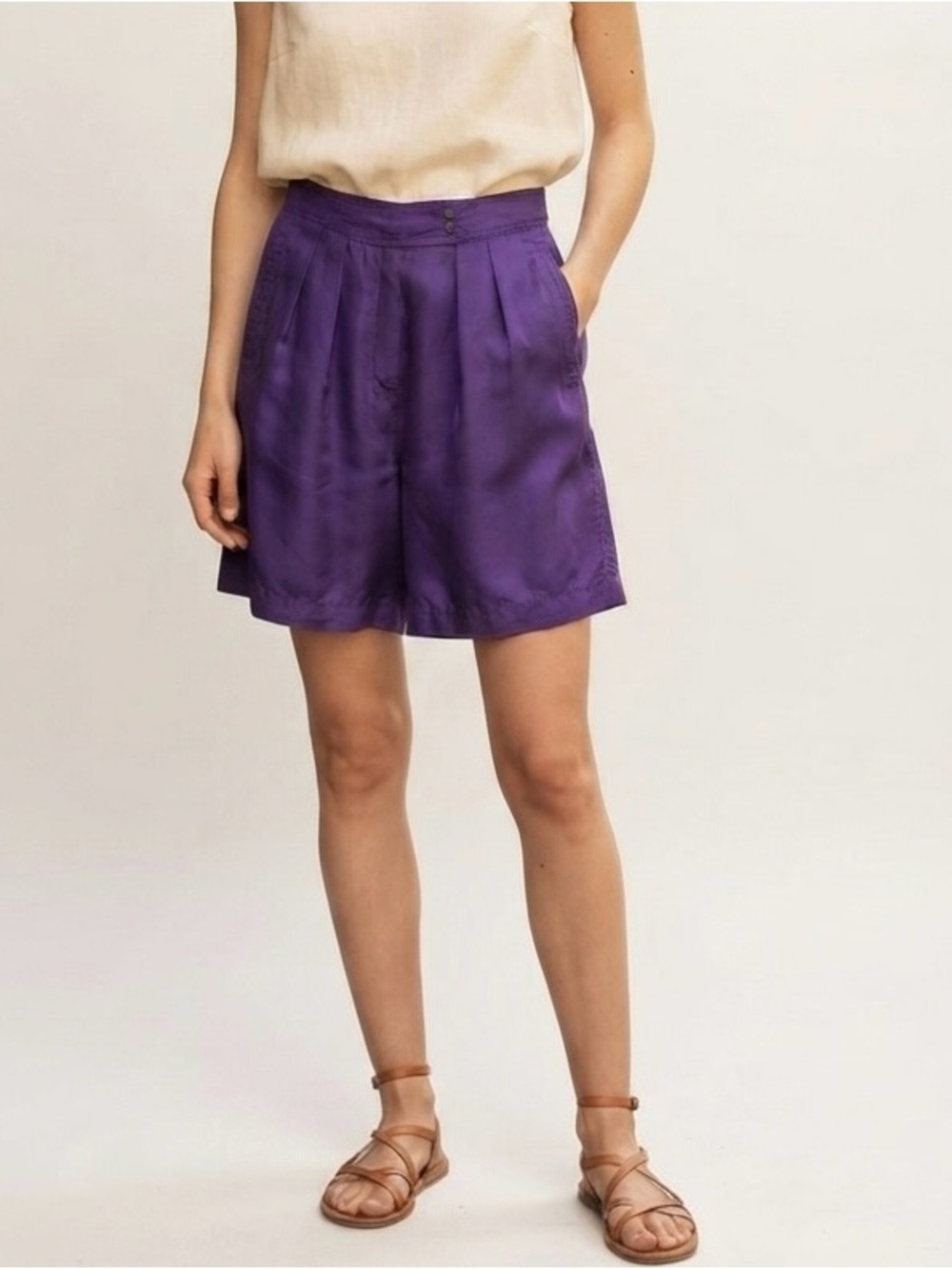 Vintage High-Waist Purple Pleated Bermuda Shorts
